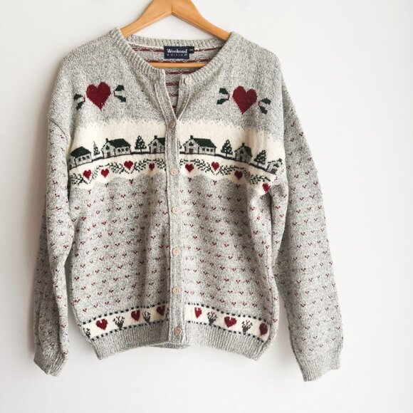 Vintage Weekend Edition Farm Hearts Print Cardigan Sweater M - Picture 1 of 5